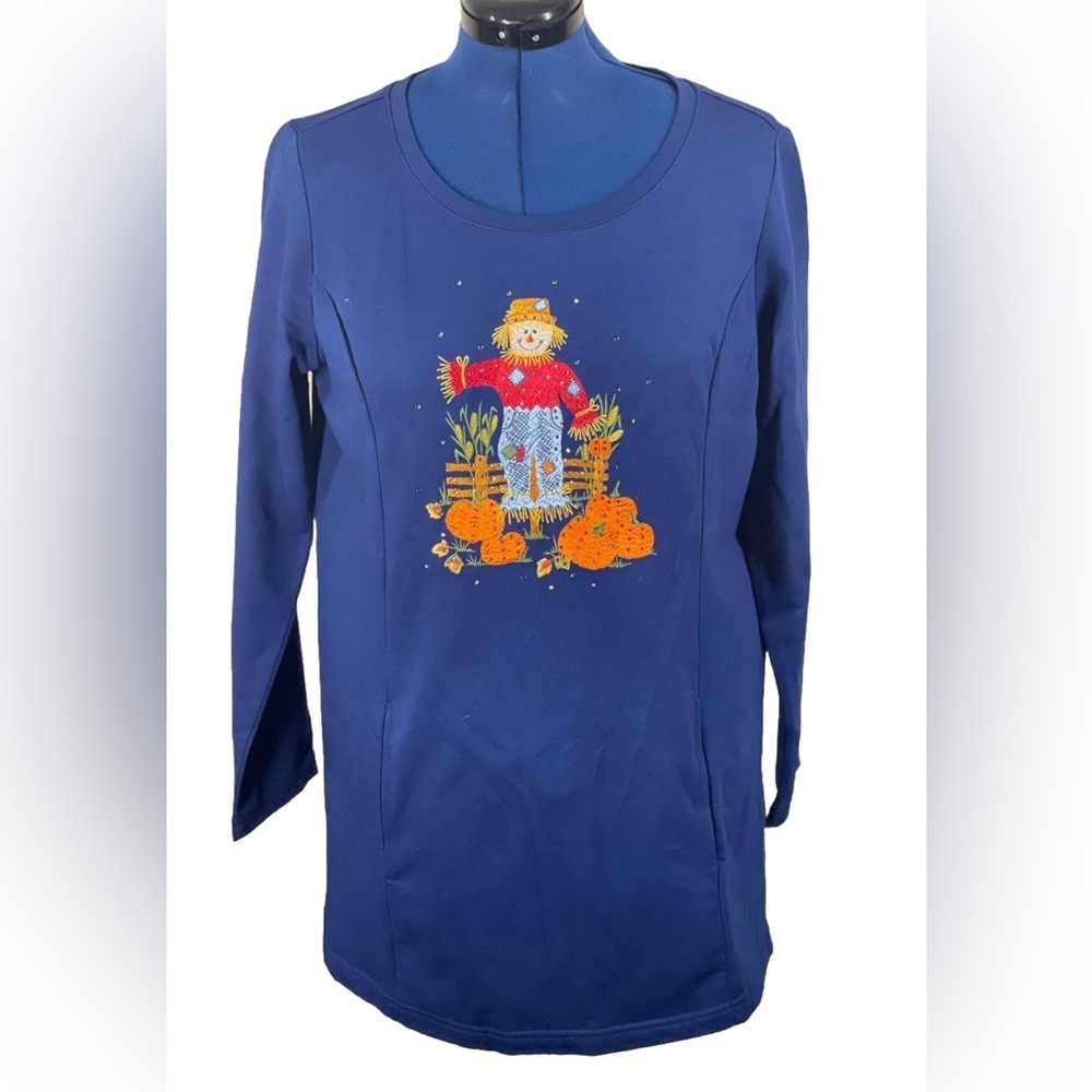 VTG Quacker Factory FALL SCARECROW
Halloween Sweater Navy Blue Med Grandmacore‎